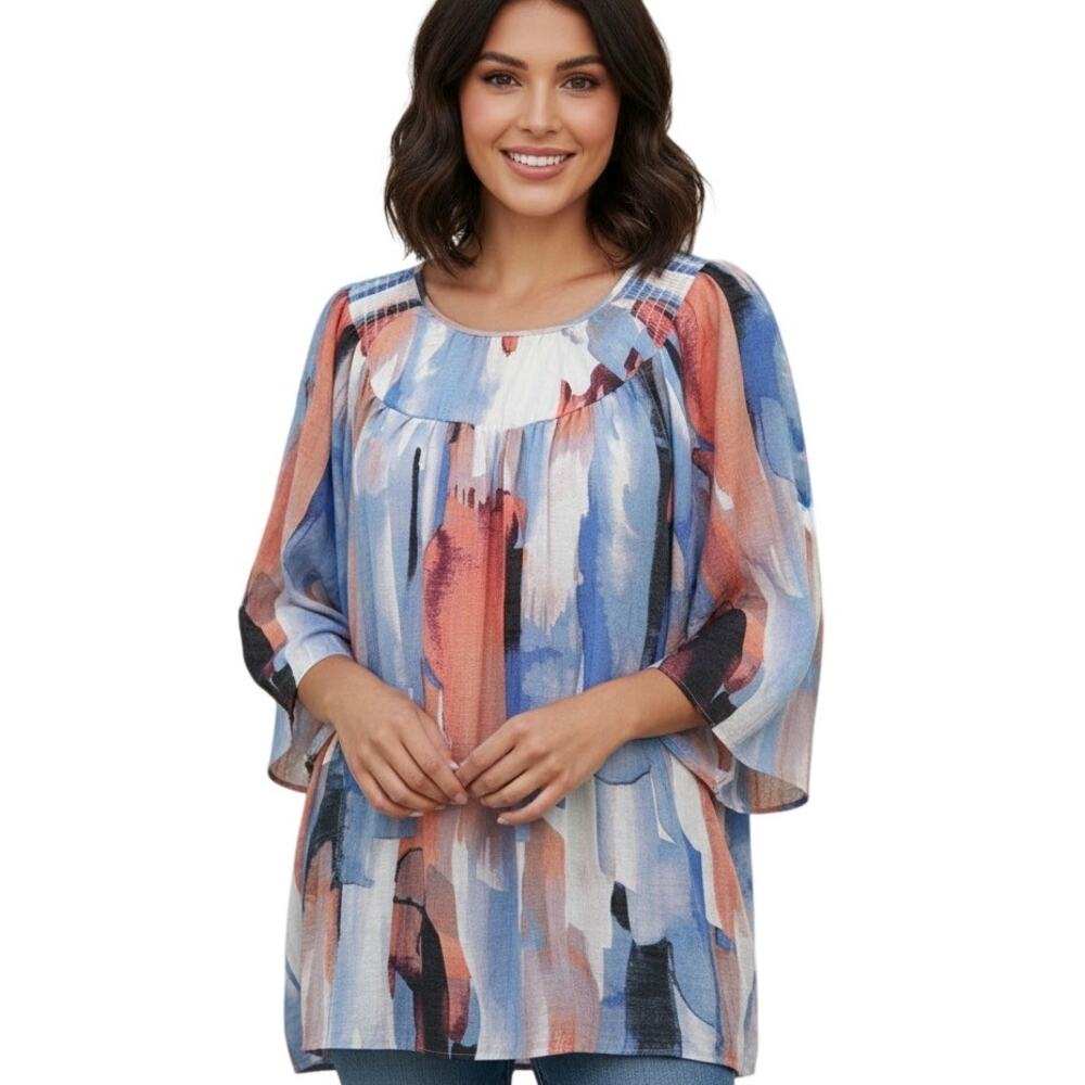 Zac & Rachel Watercolor Top Womens Medium Wide Sleeves Flowy Colorful Artsy Boho